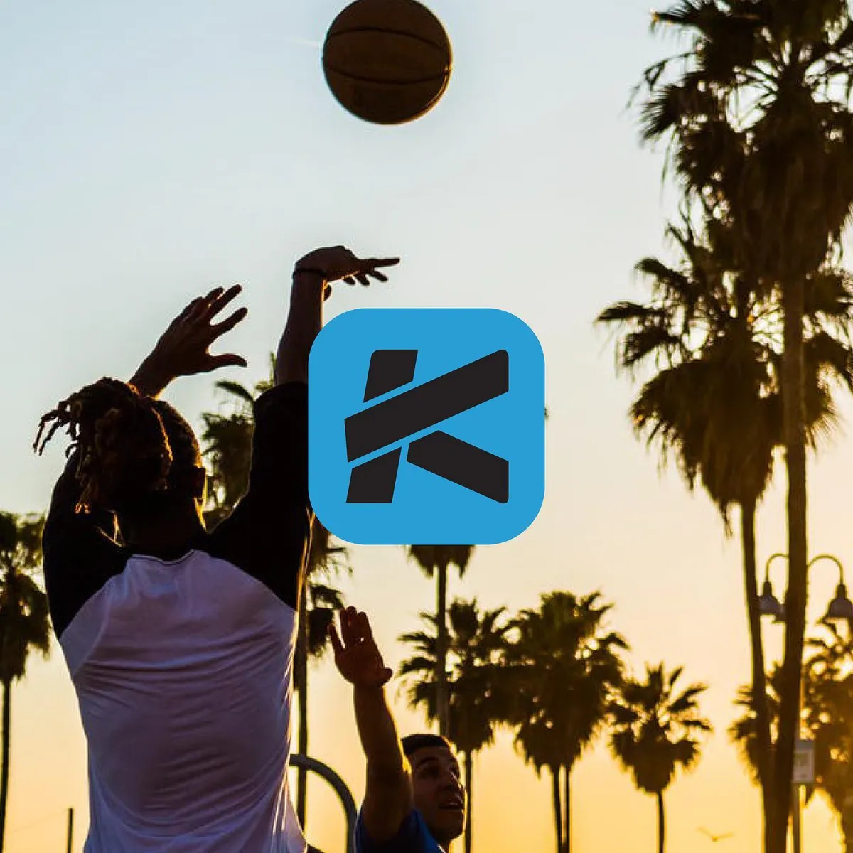 Krunk app icon over a sunset basketball game on a palm-lined court