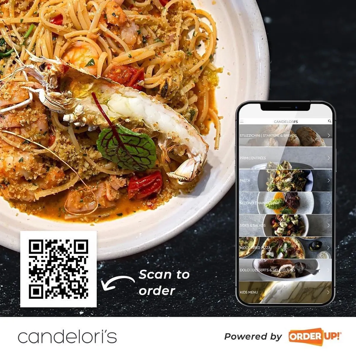 Candelori's restaurant QR scan-to-order code next to a seafood pasta dish and the OrderUp branded phone menu